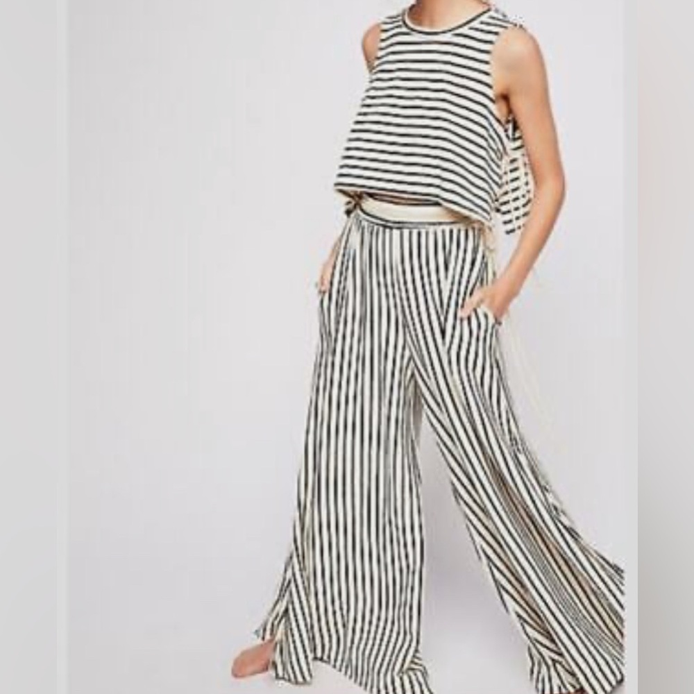 Free People Beach Sunnydaze Striped Pants Set Wide Leg Flared Slit Cropped